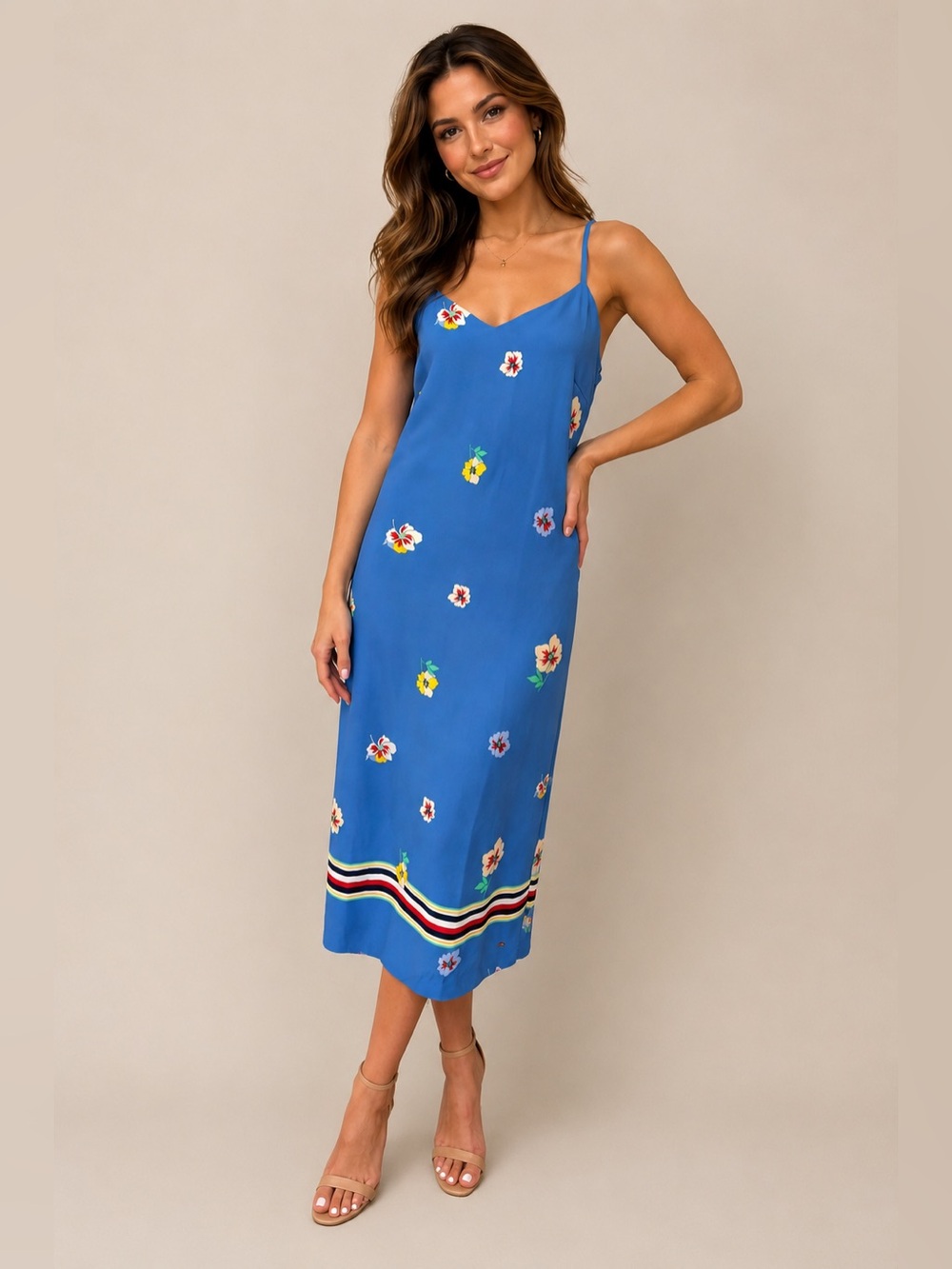 NWT Tommy Hilfiger Blue Floral Slip Dress with Striped Hem